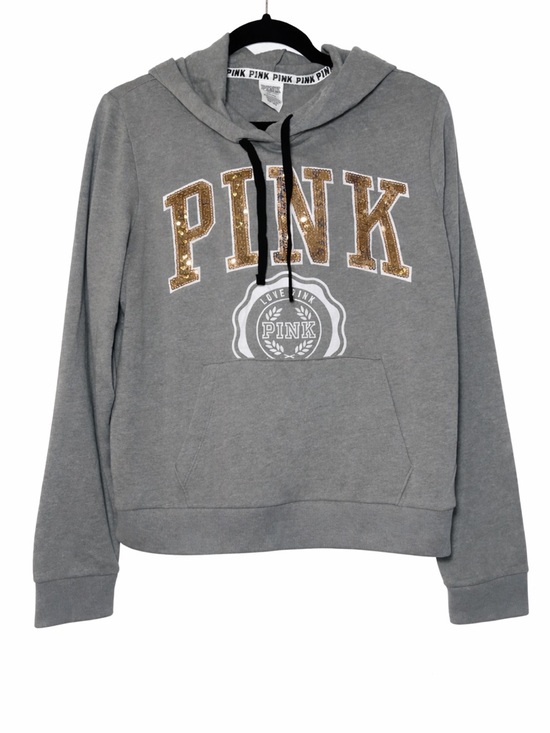 PINK Victoria's Secret Tops - PINK Victoria's Secret Women's Gray Bling Hooded Pullover Sweatshirt Size Medium